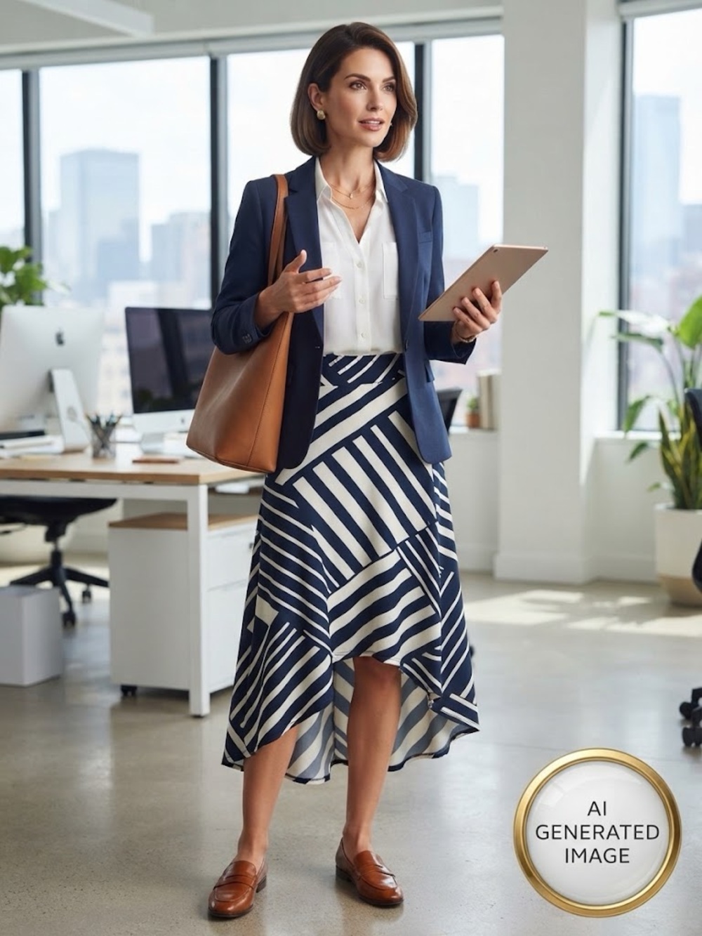 Cato Navy and White Asymmetrical Striped Skirt